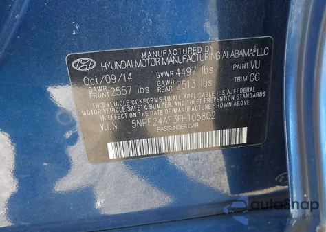 2015 Hyundai Sonata Se from USA, damaged, VIN 5NPE24AF3FH105802
